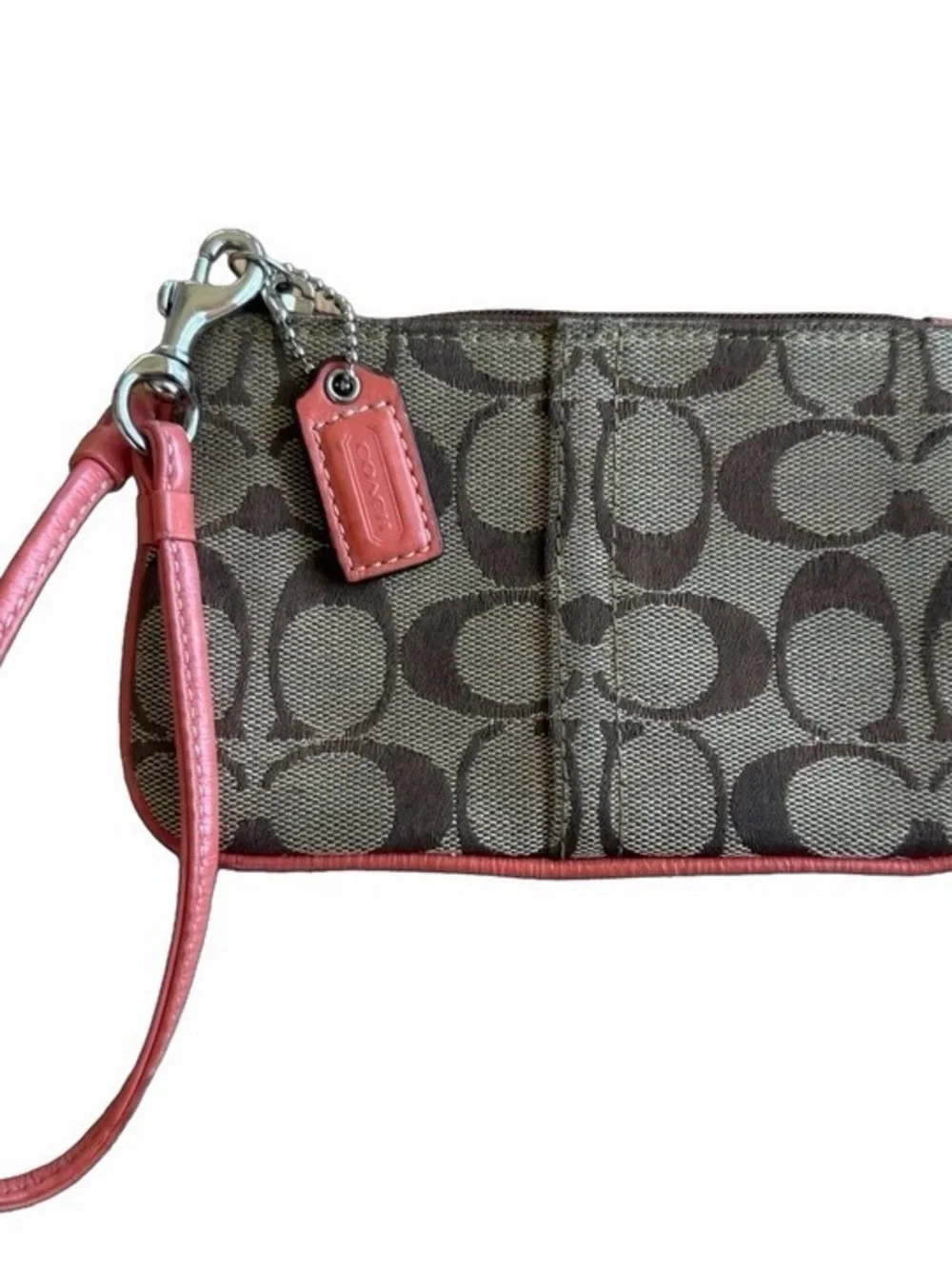 Coach Brown Signature Canvas Wristlet with Coral Trim